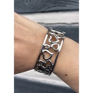 Wide Silver Tone Heart Cuff Bracelet Hinged Statement Openwork Romantic Design
